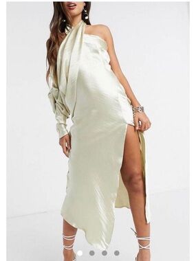 NWT ASOS Oyster Satin One-Shoulder Midi Dress with High Shine